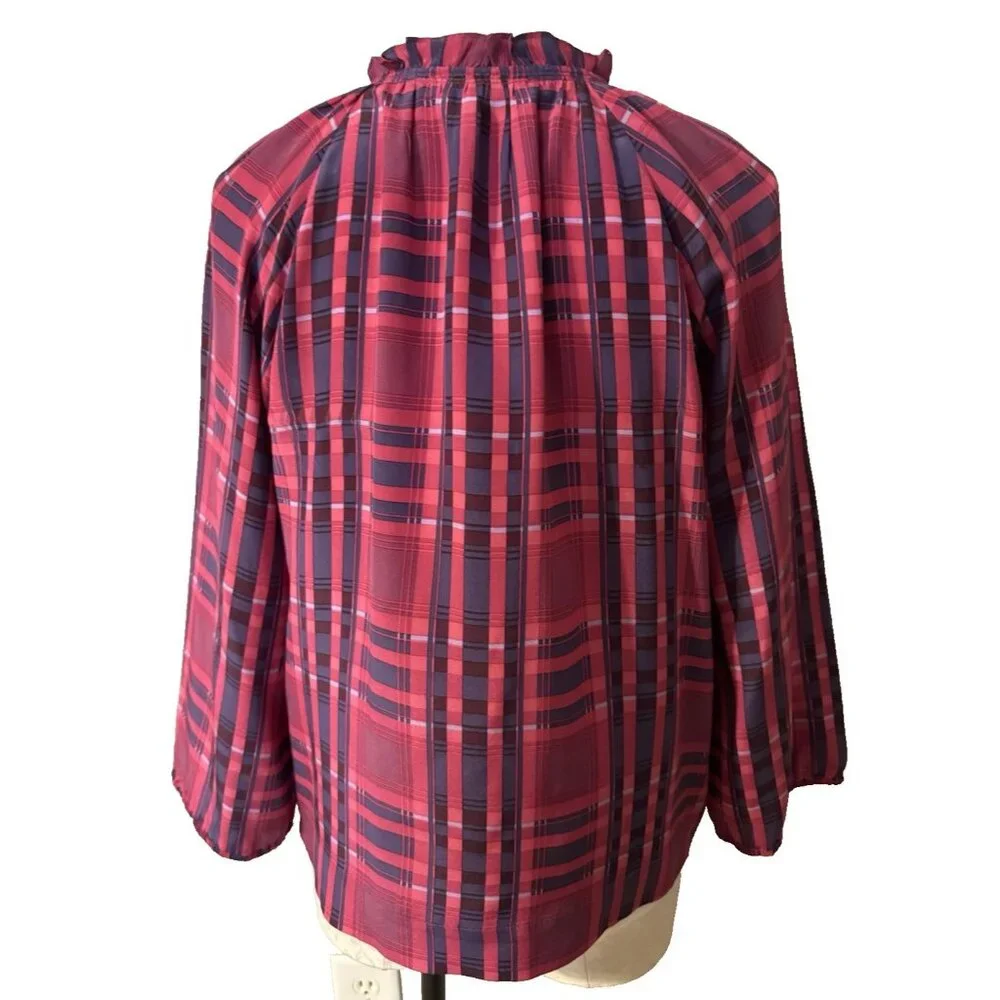 BCBGMAXAZRIA Top Blouse Shirt M Medium SILK Blue Berry Red Plaid Ruffle Trim